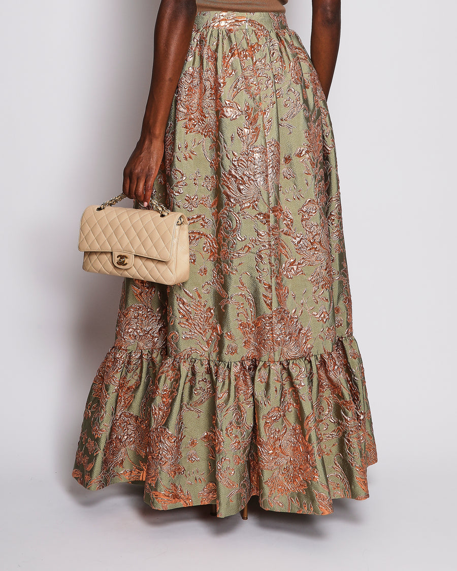 Alena Akhmadullina Green and Rose Gold Embroidered Floral Maxi Skirt Size M (UK 10)