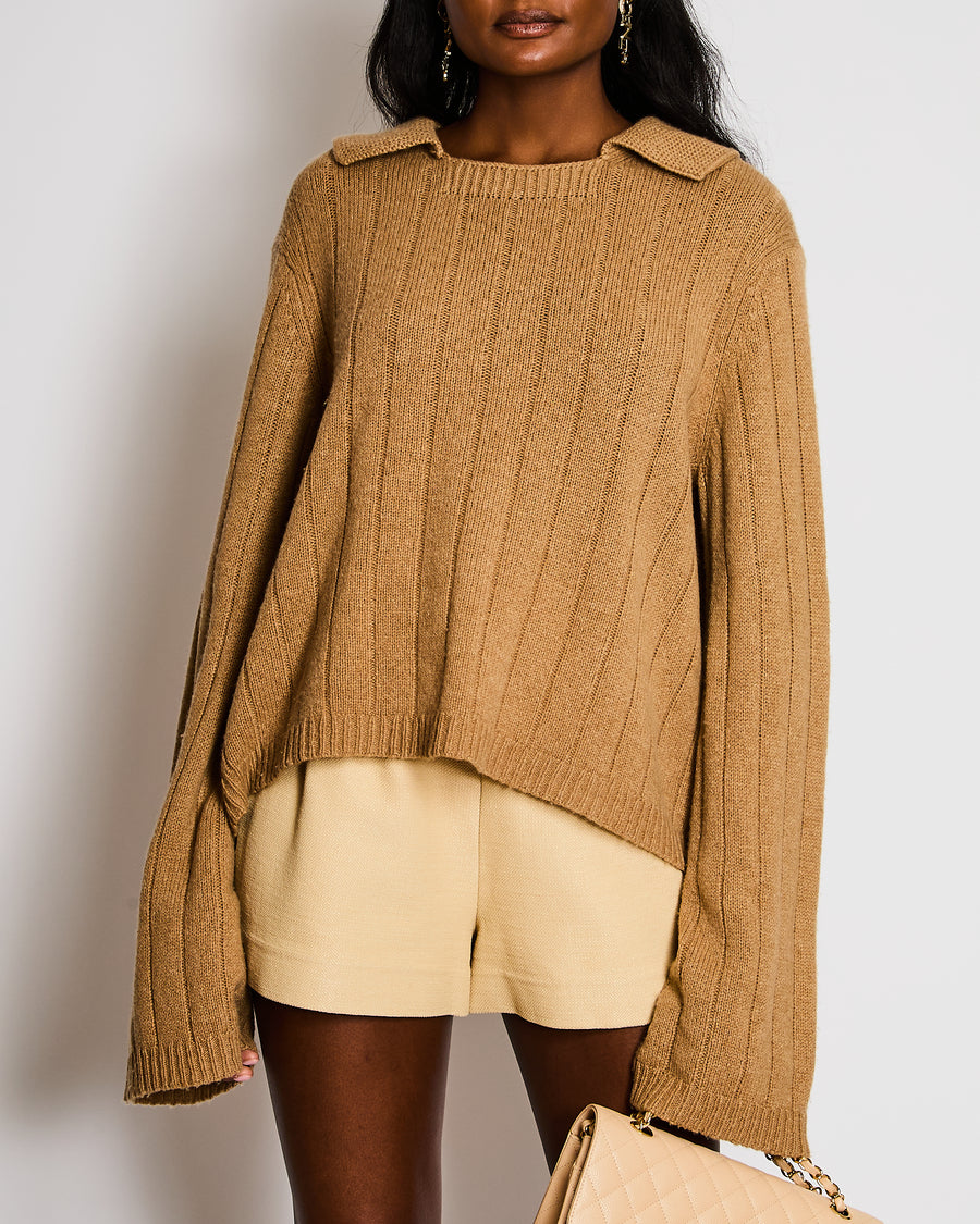 Khaite Beige Cashmere Collared Ribbed Knit Jumper Size S (UK 8)