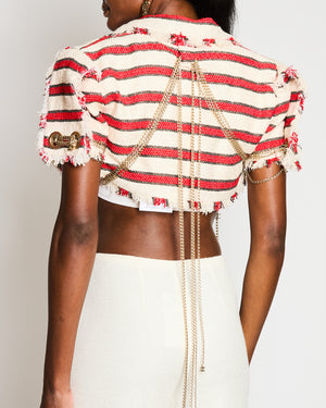 Chanel 08/P Red, Black, and Cream Striped Tweed Cropped Jacket with CC Logo Chain Closure Size FR 40 (UK 12)