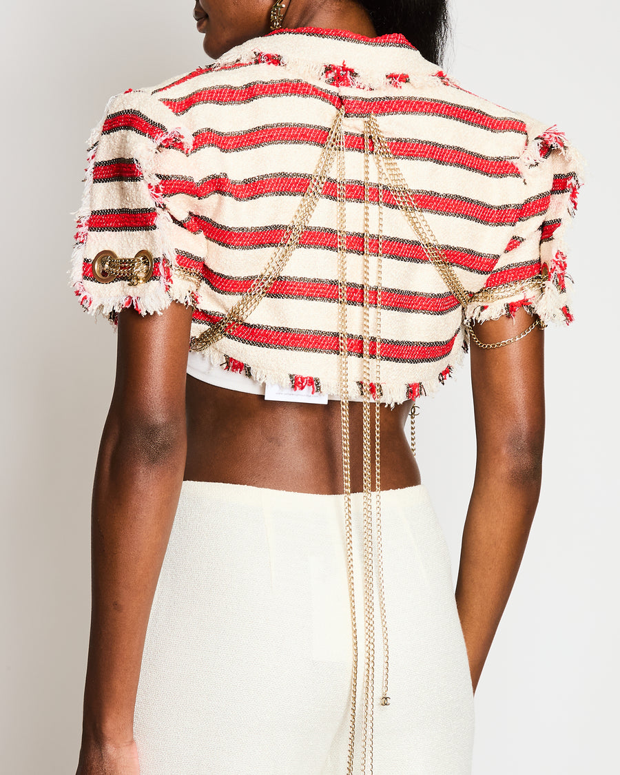 Chanel 08/P Red, Black, and Cream Striped Tweed Cropped Jacket with CC Logo Chain Closure Size FR 40 (UK 12)