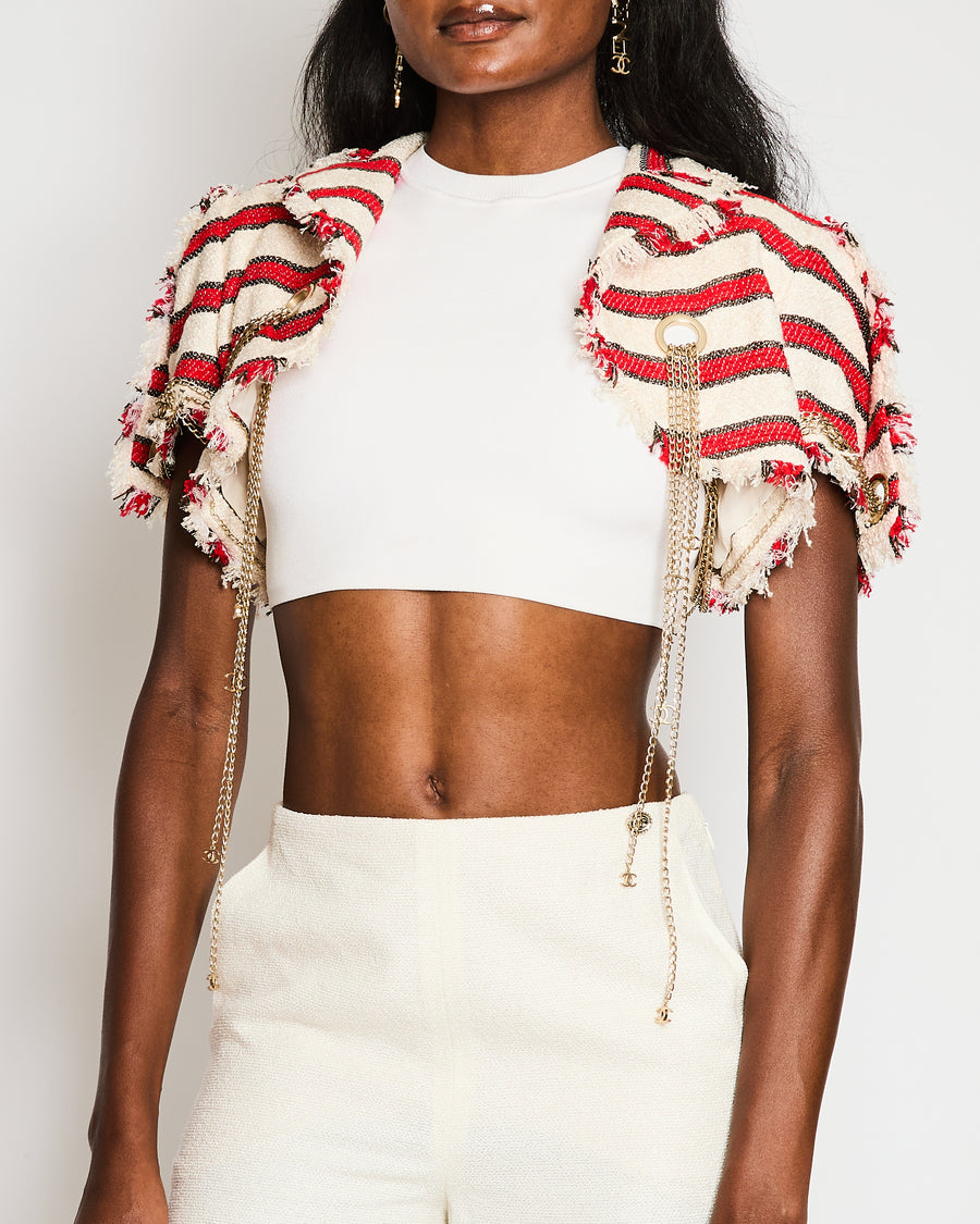 Chanel 08/P Red, Black, and Cream Striped Tweed Cropped Jacket with CC Logo Chain Closure Size FR 40 (UK 12)