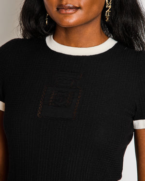 Chanel Black Matching Top and Shorts Set with White Piping and No. 5 Motif Size FR 36 (UK 8)