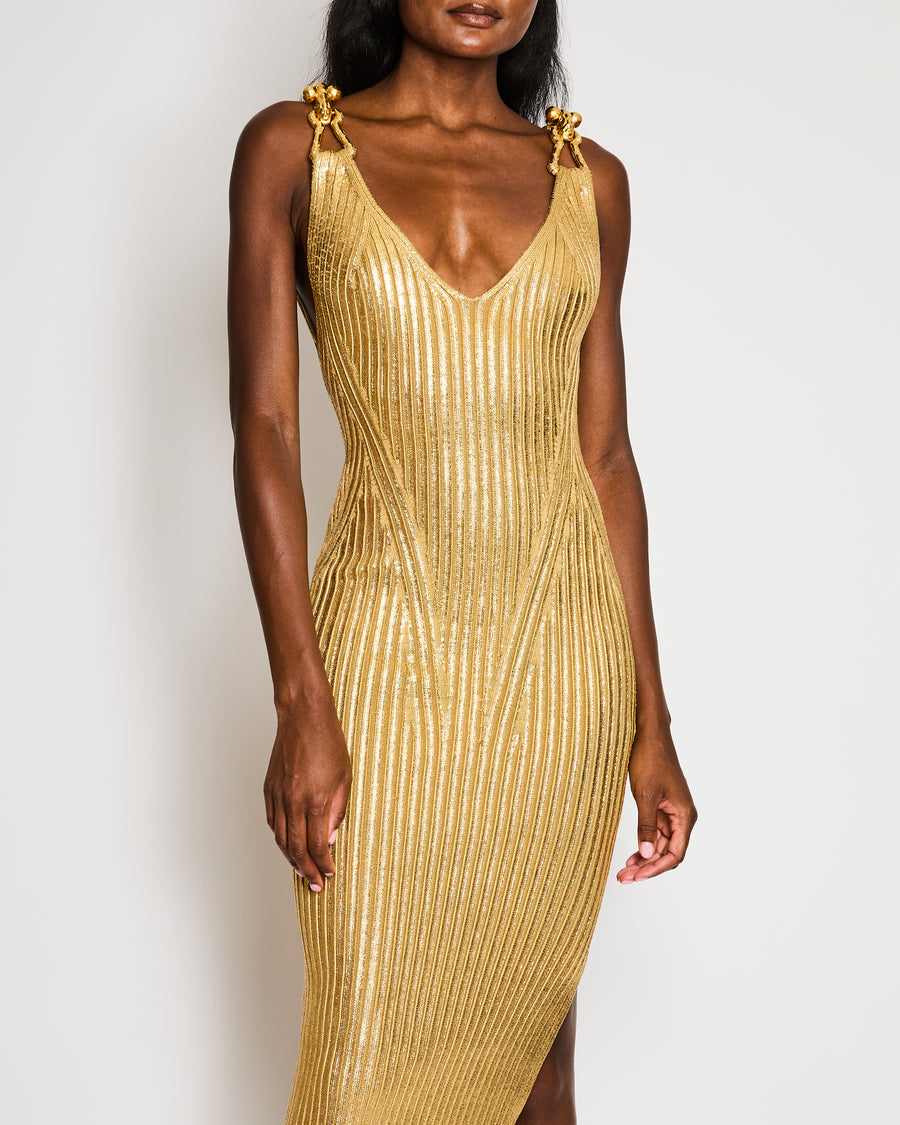 Schiaparelli Gold Laminated Jewelled Straps Maxi Dress with Gold Lock Strap Detail Size XS (UK 6)