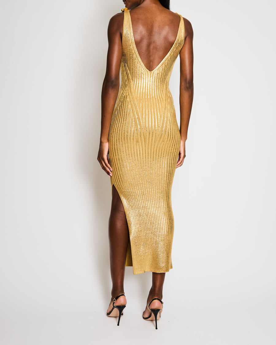 Schiaparelli Gold Laminated Jewelled Straps Maxi Dress with Gold Lock Strap Detail Size XS (UK 6)