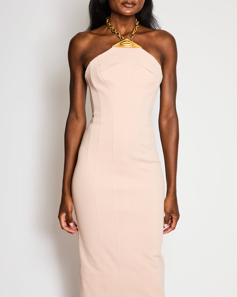 Schiaparelli Blush Pink Corseted Column Maxi Dress with Gold Lips Choker Detail Size FR 36 (UK 8)