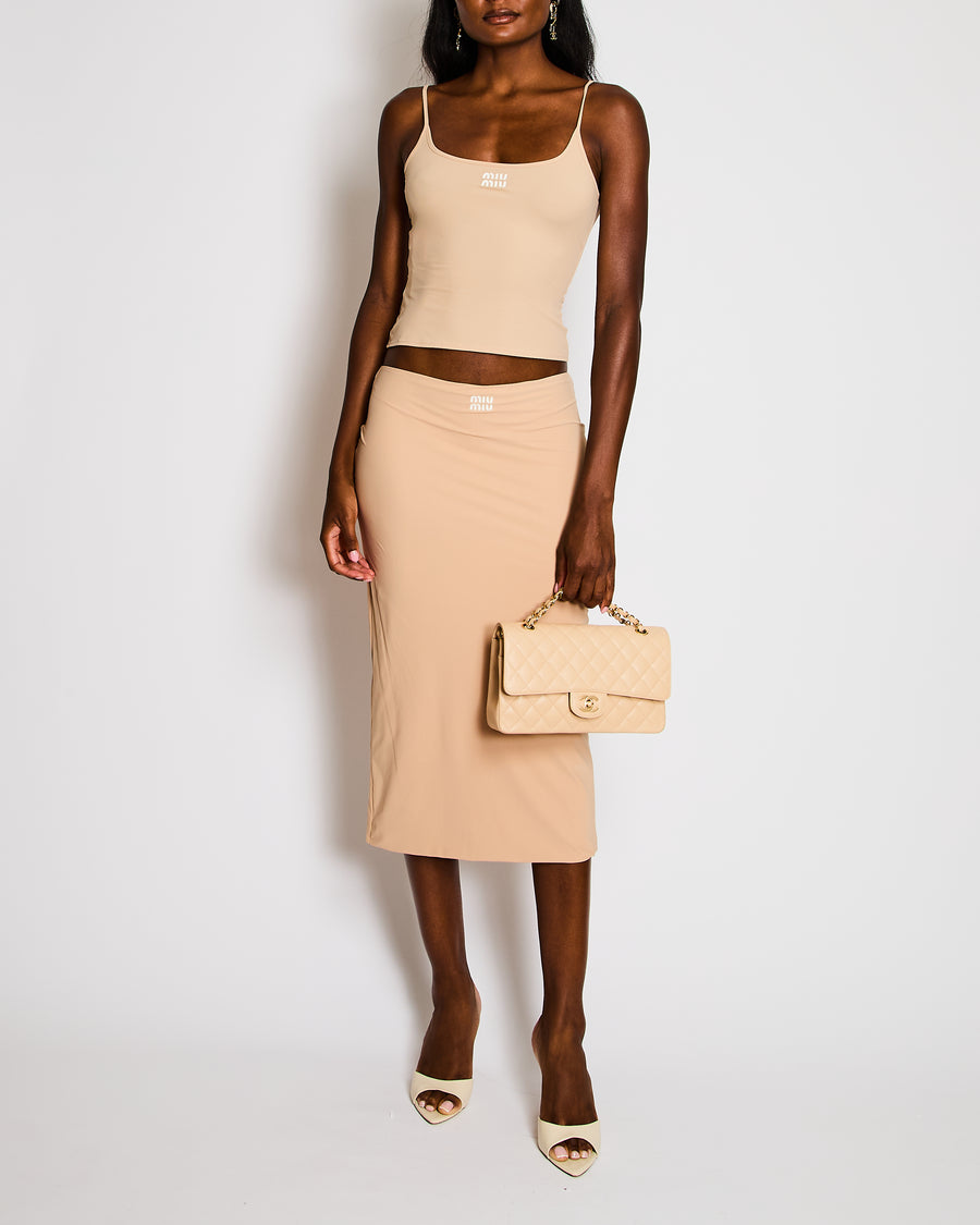 Miu Miu Beige Logo Spaghetti Strap Logo Top with Matching Skirt Set Size IT 36/40 (UK 4/8)