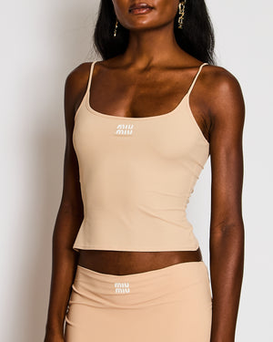 Miu Miu Beige Logo Spaghetti Strap Logo Top with Matching Skirt Set Size IT 36/40 (UK 4/8)