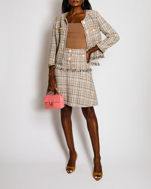 Chanel Multi-Colour Tweed Blazer and Midi Skirt Set with CC Logo Buttons and Feather Trim Size FR 38-42 (UK 12-14)