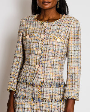 Chanel Multi-Colour Tweed Blazer and Midi Skirt Set with CC Logo Buttons and Feather Trim Size FR 38-42 (UK 12-14)