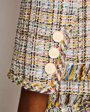 Chanel Multi-Colour Tweed Blazer and Midi Skirt Set with CC Logo Buttons and Feather Trim Size FR 38-42 (UK 12-14)