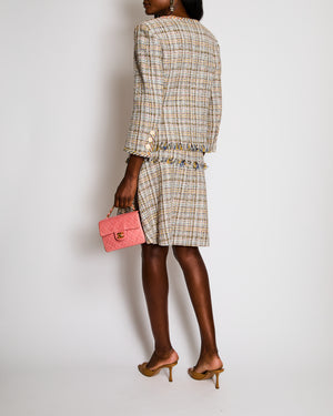 Chanel Multi-Colour Tweed Blazer and Midi Skirt Set with CC Logo Buttons and Feather Trim Size FR 38-42 (UK 12-14)