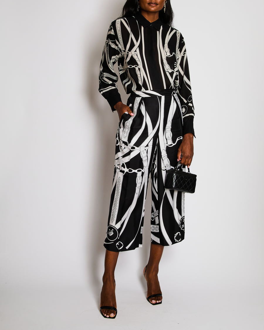 Hermès Silk Black and White Printed Trousers with Back Pocket and Elasticated Waist Size FR 42 (UK 14)