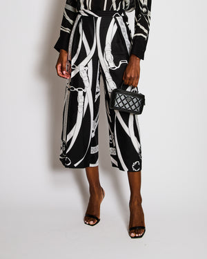 Hermès Silk Black and White Printed Trousers with Back Pocket and Elasticated Waist Size FR 42 (UK 14)