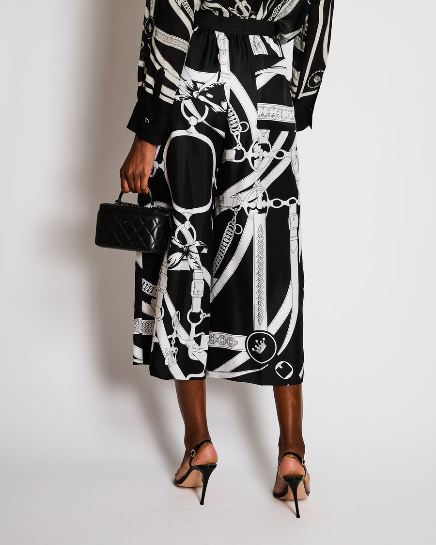Hermès Silk Black and White Printed Trousers with Back Pocket and Elasticated Waist Size FR 42 (UK 14)