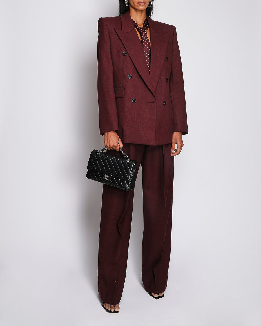 Saint Laurent Burgundy Double Breasted Blazer Jacket with Patterned Tie and Trousers Suit Set Size FR 34 (UK 6)