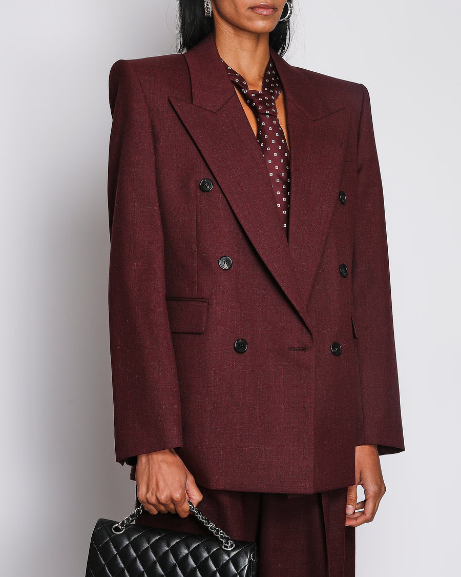 Saint Laurent Burgundy Double Breasted Blazer Jacket with Patterned Tie and Trousers Suit Set Size FR 34 (UK 6)