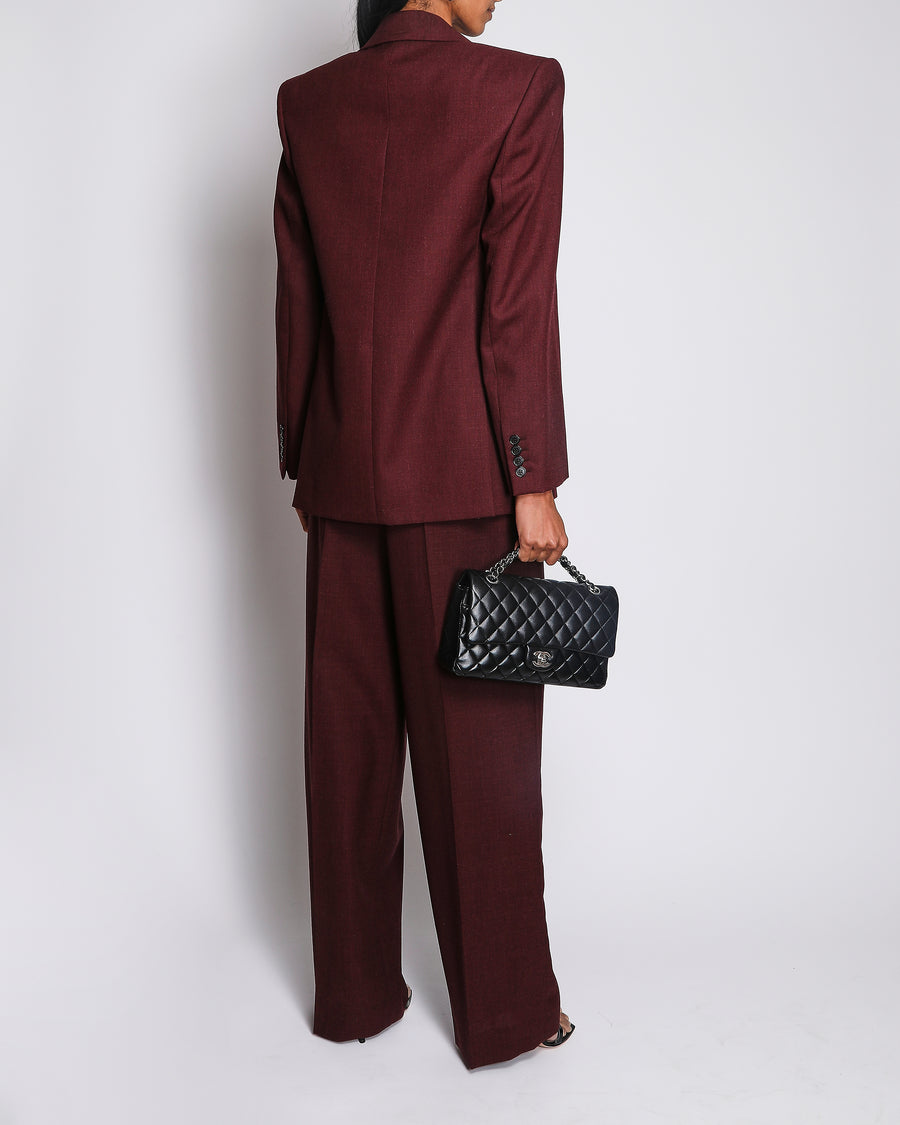 Saint Laurent Burgundy Double Breasted Blazer Jacket with Patterned Tie and Trousers Suit Set Size FR 34 (UK 6)