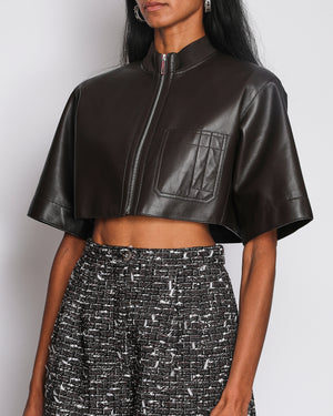 Hermès Brown Leather Cropped Top with Pocket Detail Size FR 38 (UK 10)