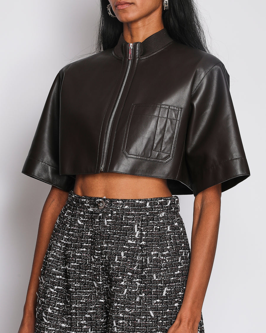 Hermès Brown Leather Cropped Top with Pocket Detail Size FR 38 (UK 10)