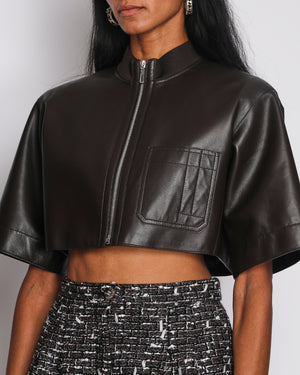 Hermès Brown Leather Cropped Top with Pocket Detail Size FR 38 (UK 10)