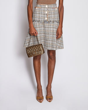 Chanel Multi-Colour Tweed Midi Skirt with CC Logo Buttons and Feather Trim Size FR 38 (UK 10)