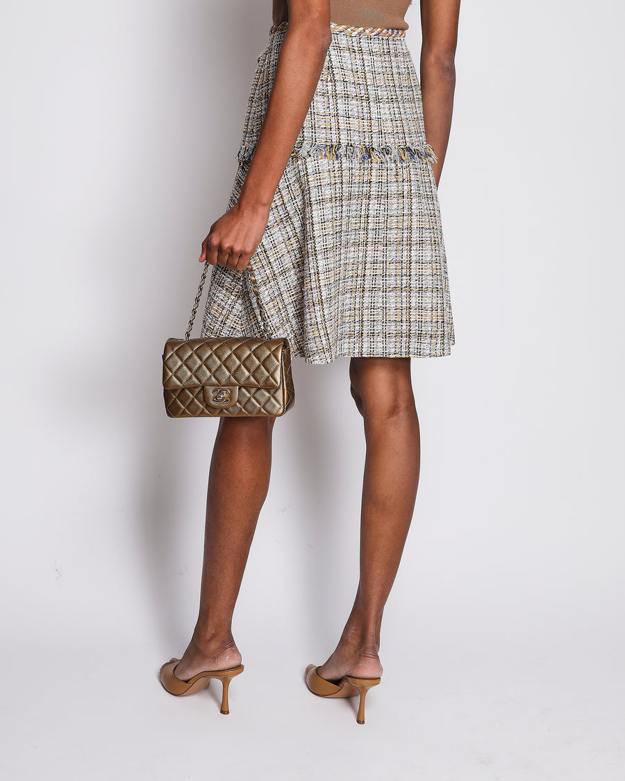Chanel Multi-Colour Tweed Midi Skirt with CC Logo Buttons and Feather Trim Size FR 38 (UK 10)