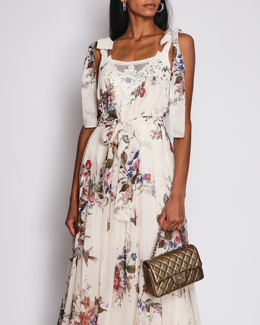 Zimmermann Beige Floral-Print Patience Slip Dress with Lace Detail and Tie Straps Size 0 (UK 8)