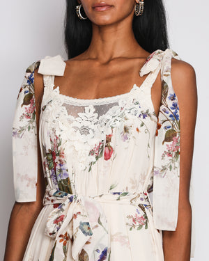 Zimmermann Beige Floral-Print Patience Slip Dress with Lace Detail and Tie Straps Size 0 (UK 8)