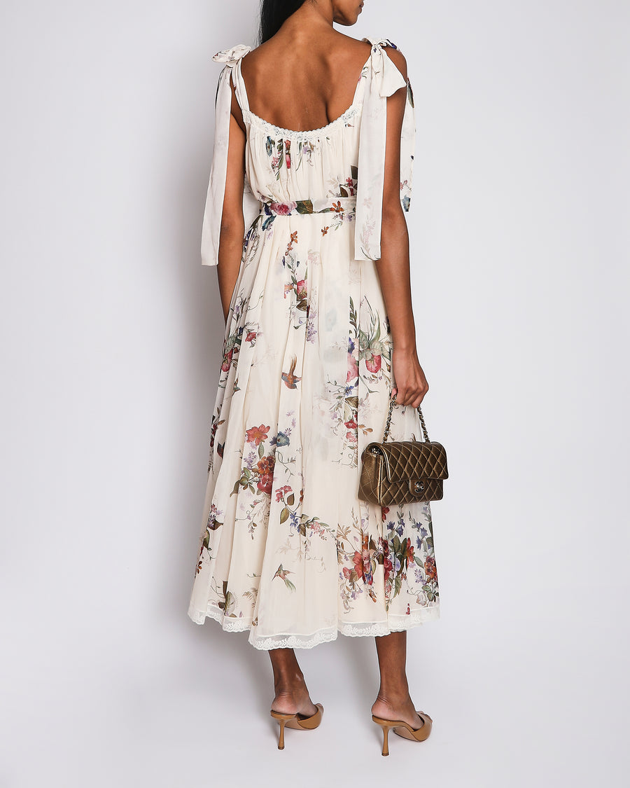 Zimmermann Beige Floral-Print Patience Slip Dress with Lace Detail and Tie Straps Size 0 (UK 8)