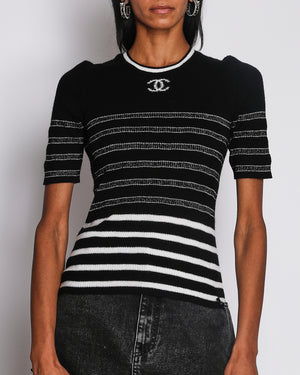 Chanel Black and White Striped Metallic Knit Top with CC Logo Size FR 38 (UK 10)