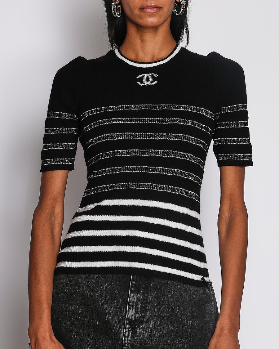 Chanel Black and White Striped Metallic Knit Top with CC Logo Size FR 38 (UK 10)