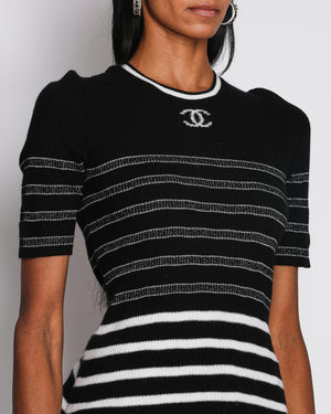 Chanel Black and White Striped Metallic Knit Top with CC Logo Size FR 38 (UK 10)