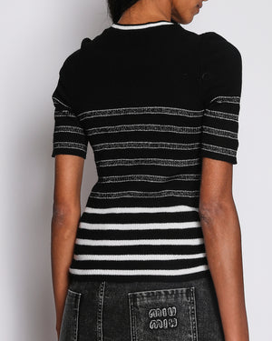 Chanel Black and White Striped Metallic Knit Top with CC Logo Size FR 38 (UK 10)
