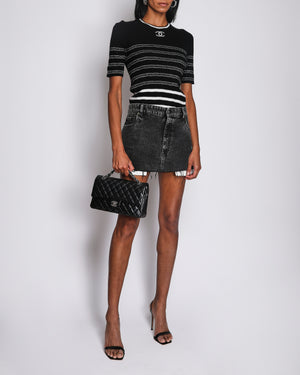 Chanel Black and White Striped Metallic Knit Top with CC Logo Size FR 38 (UK 10)