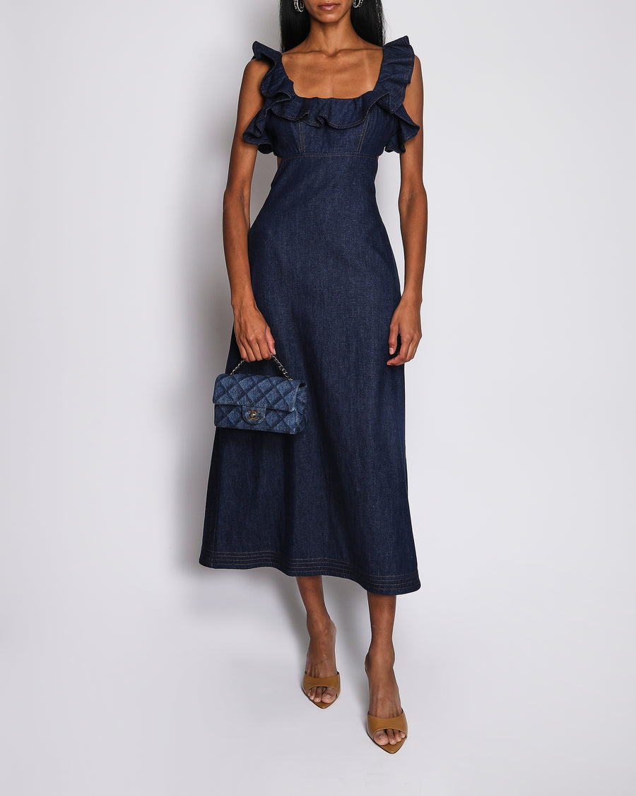 Zimmermann Blue Denim Aster Midi Dress with Ruffled Neckline Size 0 (UK 8)