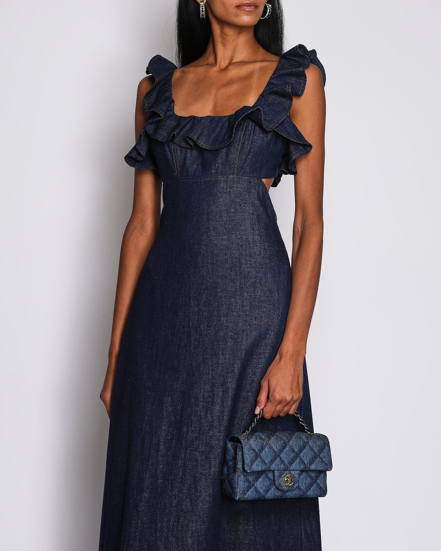 Zimmermann Blue Denim Aster Midi Dress with Ruffled Neckline Size 0 (UK 8)