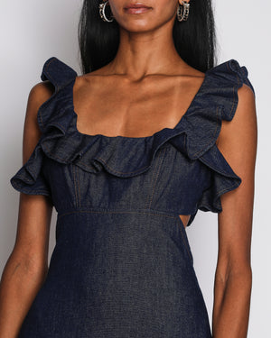 Zimmermann Blue Denim Aster Midi Dress with Ruffled Neckline Size 0 (UK 8)