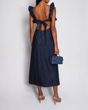 Zimmermann Blue Denim Aster Midi Dress with Ruffled Neckline Size 0 (UK 8)