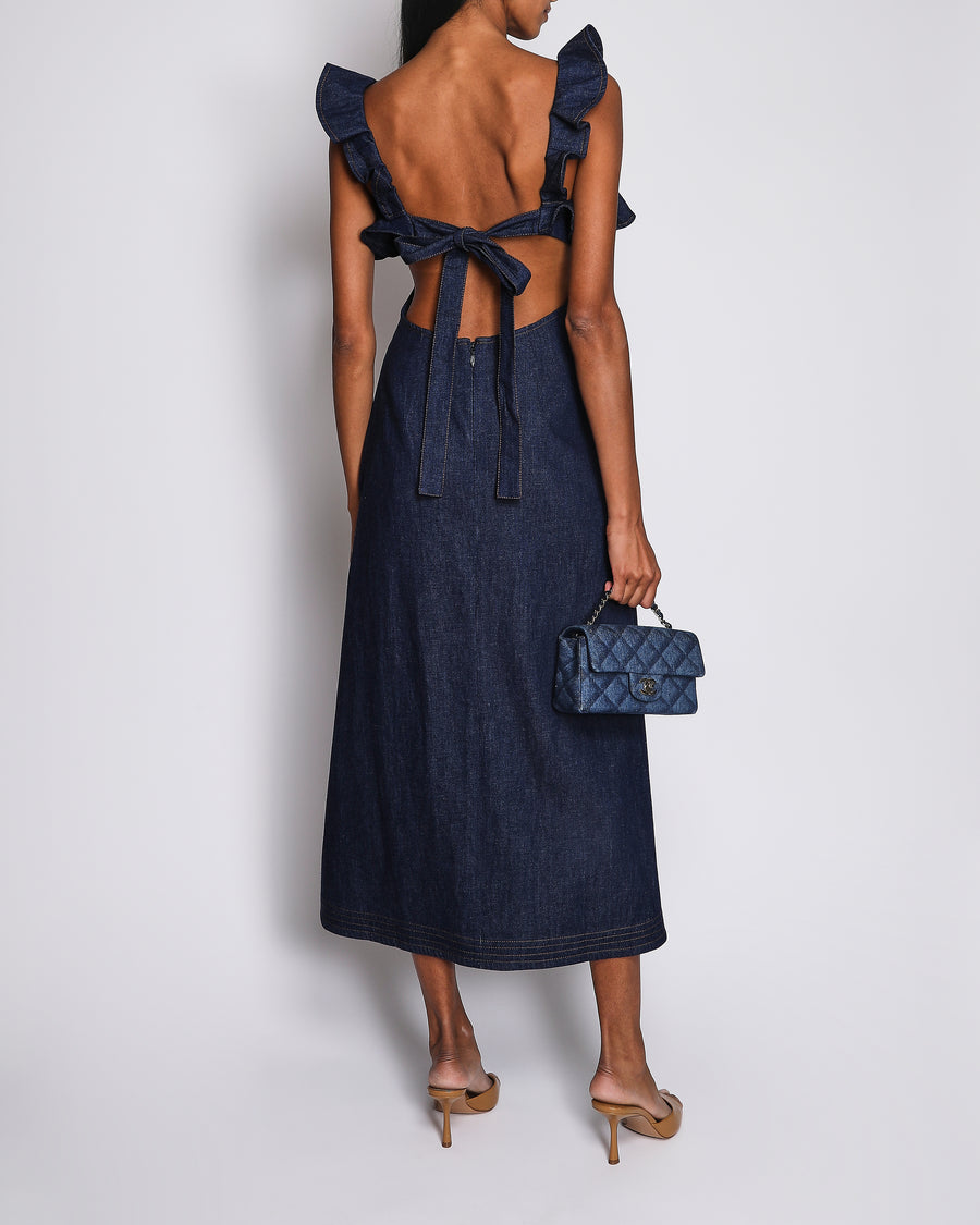 Zimmermann Blue Denim Aster Midi Dress with Ruffled Neckline Size 0 (UK 8)