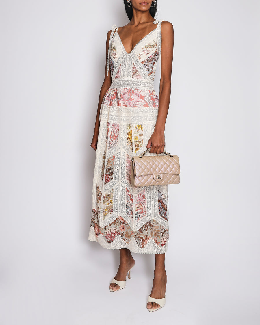 Zimmermann Beige Daylight Slip Dress with Patchwork Floral Print Size 0 (UK 8)