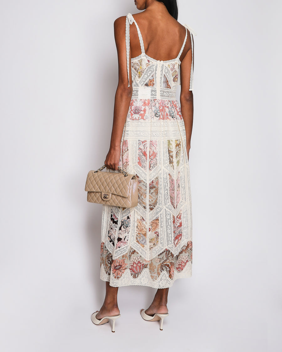Zimmermann Beige Daylight Slip Dress with Patchwork Floral Print Size 0 (UK 8)