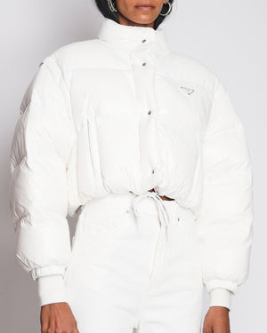 Prada White Re-Nylon Cropped Down Jacket with Triangle Logo Plaque and Drawstring Detail Size IT 38 (UK 6)