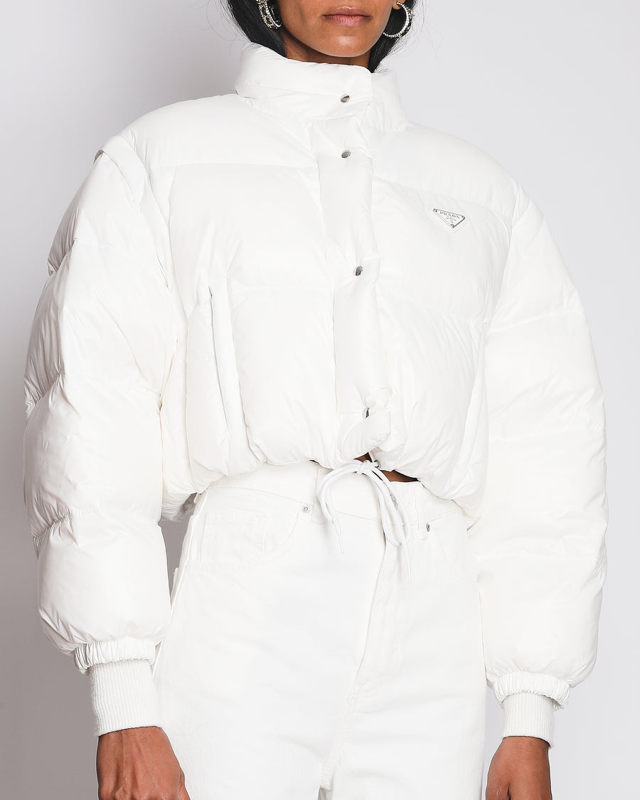 Prada White Re-Nylon Cropped Down Jacket with Triangle Logo Plaque and Drawstring Detail Size IT 38 (UK 6)