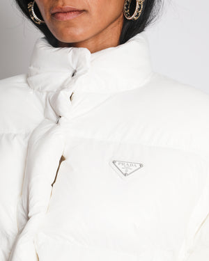 Prada White Re-Nylon Cropped Down Jacket with Triangle Logo Plaque and Drawstring Detail Size IT 38 (UK 6)