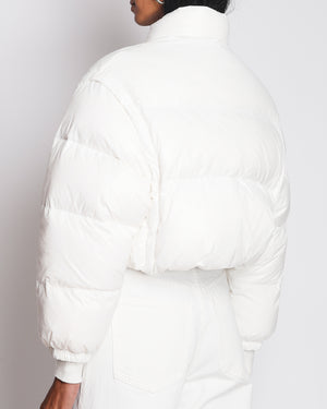 Prada White Re-Nylon Cropped Down Jacket with Triangle Logo Plaque and Drawstring Detail Size IT 38 (UK 6)