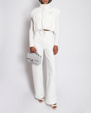 Prada White Re-Nylon Cropped Down Jacket with Triangle Logo Plaque and Drawstring Detail Size IT 38 (UK 6)