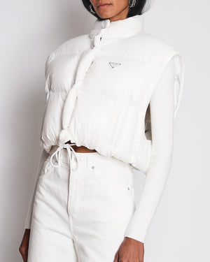 Prada White Re-Nylon Cropped Down Jacket with Triangle Logo Plaque and Drawstring Detail Size IT 38 (UK 6)