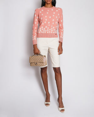 Chanel 22/P Coral Pink Cashmere Jumper with Daisy and CC Logo Pattern Size FR 36 (UK 8)