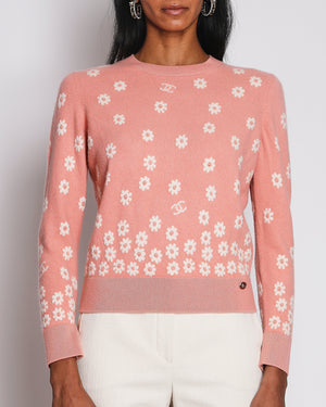 Chanel 22/P Coral Pink Cashmere Jumper with Daisy and CC Logo Pattern Size FR 36 (UK 8)