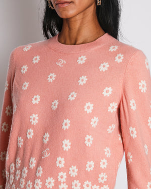 Chanel 22/P Coral Pink Cashmere Jumper with Daisy and CC Logo Pattern Size FR 36 (UK 8)